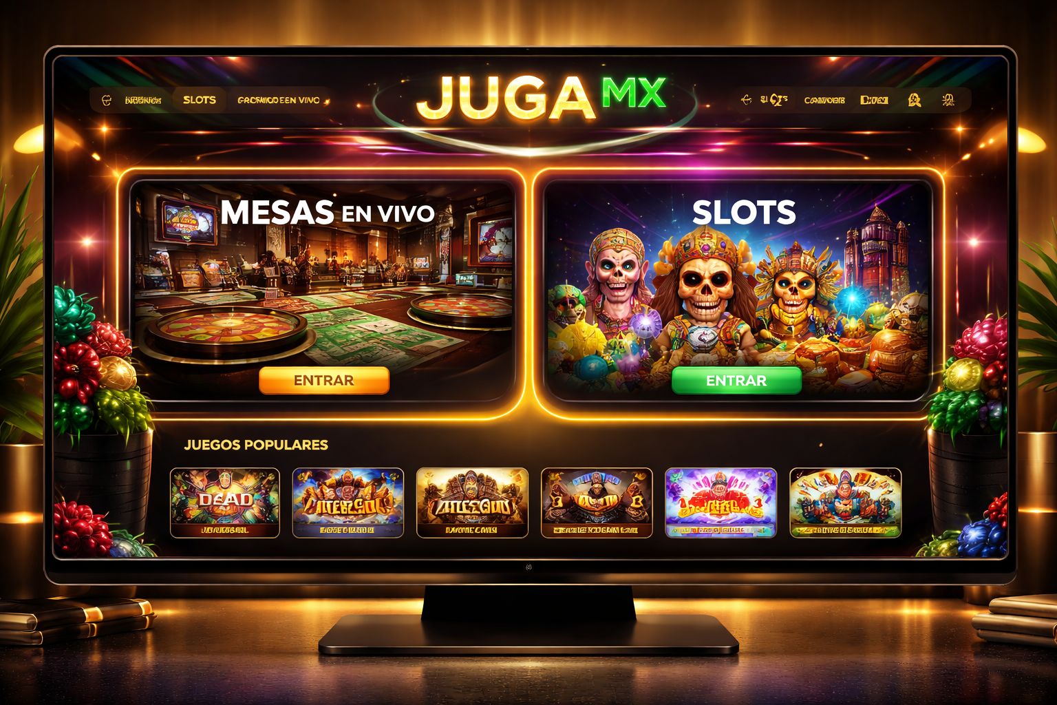 Página principal del casino JUGA MX con mesas en vivo y categorías de tragamonedas para México