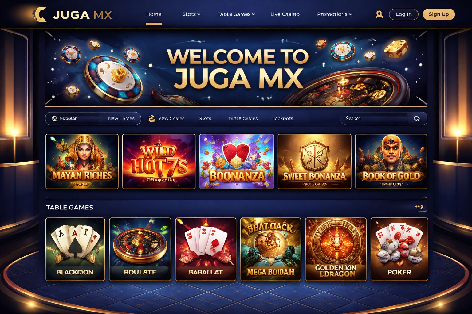 Interfaz del casino en línea JUGA MX mostrando secciones de juegos organizadas