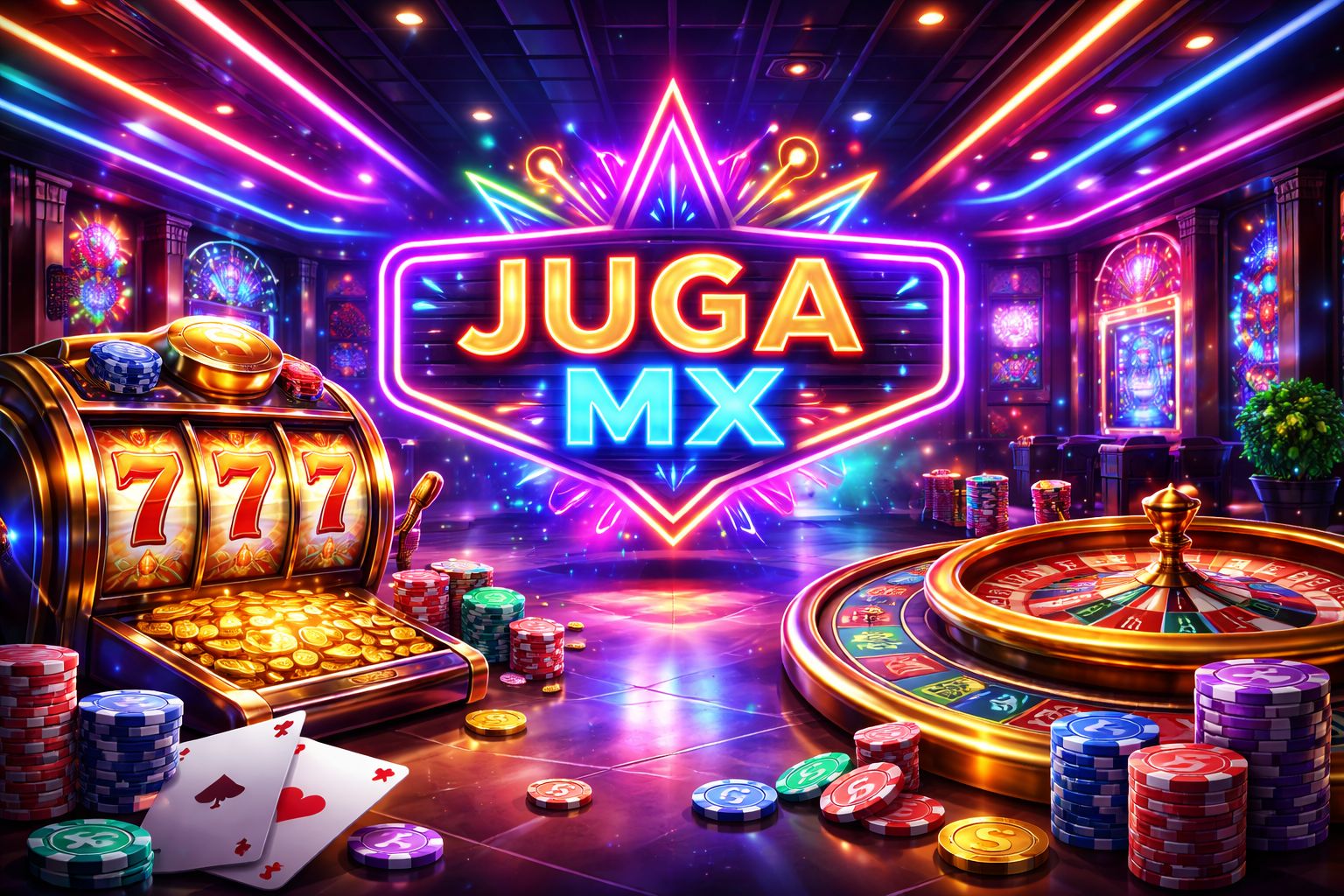 Lobby de juegos dinámico con cartas brillantes, fichas, carretes de tragamonedas y luces JUGA MX en un entorno digital moderno.