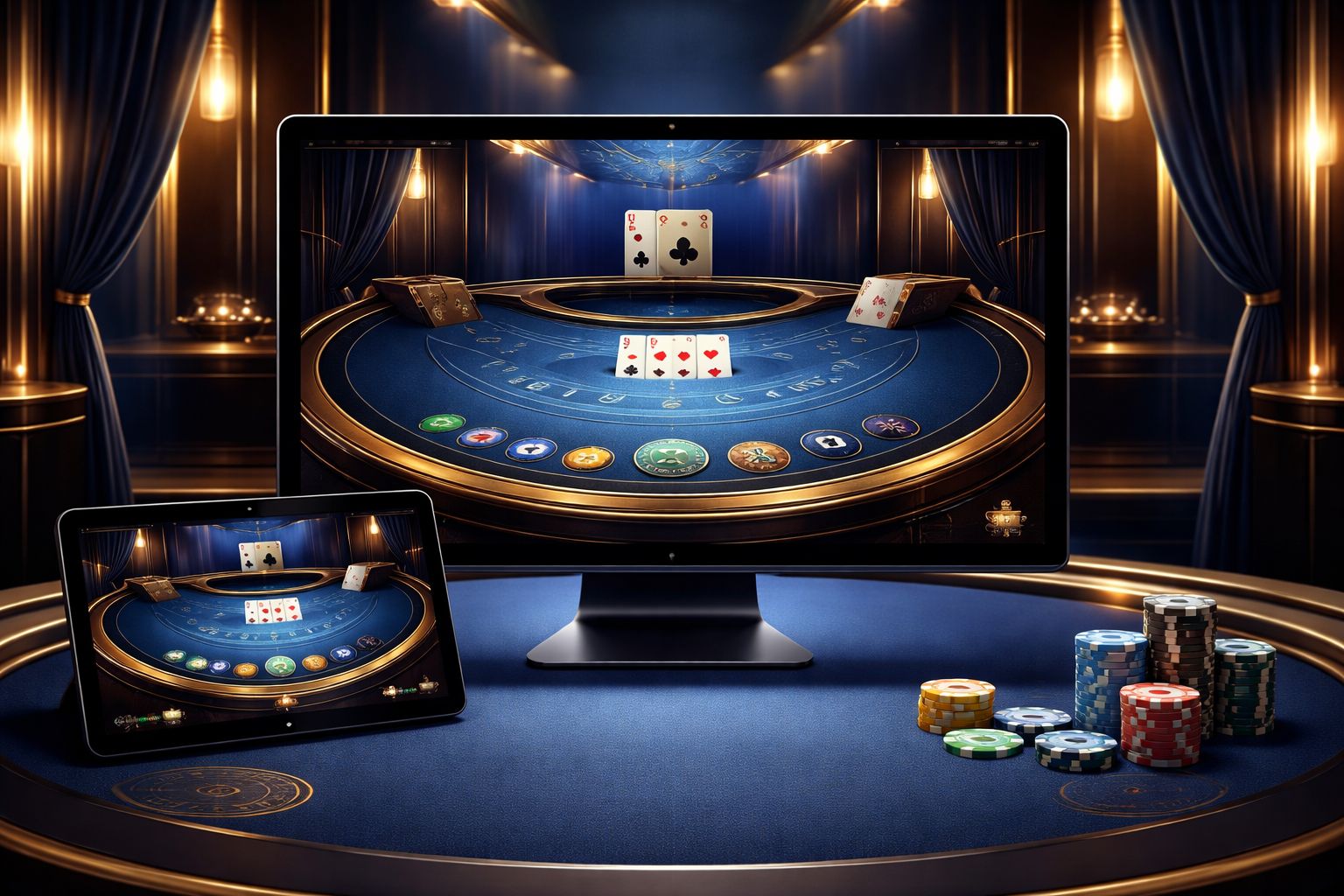 Configuración moderna de casino en vivo en pantalla móvil con mesa de crupier pulida, luces brillantes de estudio y atmósfera en línea inmersiva.