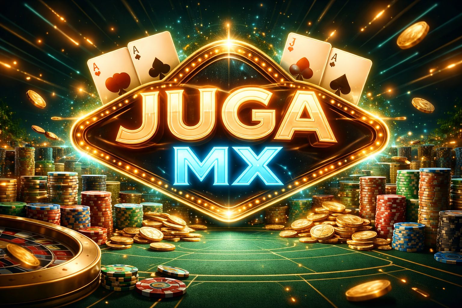 Una vibrante escena digital de juegos con JUGA MX brillando en un gran letrero, rodeado de monedas, cartas y coloridos elementos de casino.