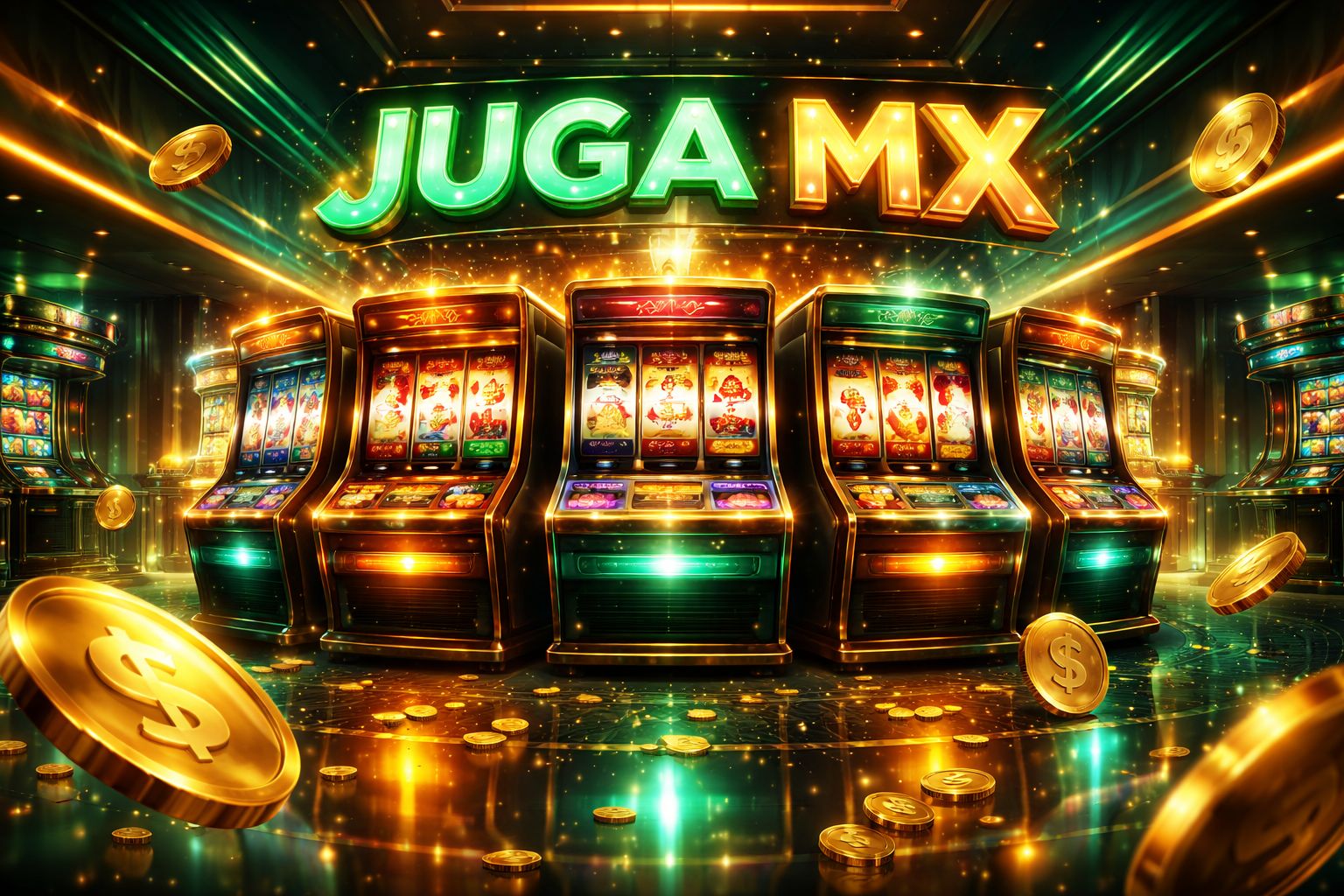 Interfaz de tragamonedas JUGA MX con carretes y monedas iluminados